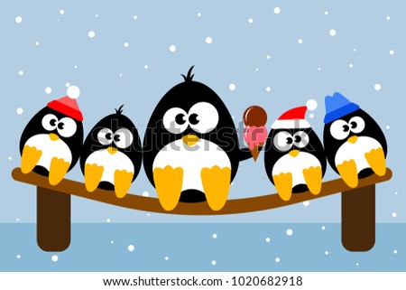 Mascot of five cute penguins characters on a bench freezing, having cold, one of them happily eating ice cream. Winter snow concept, template for greeting card. Eps vector illustration.