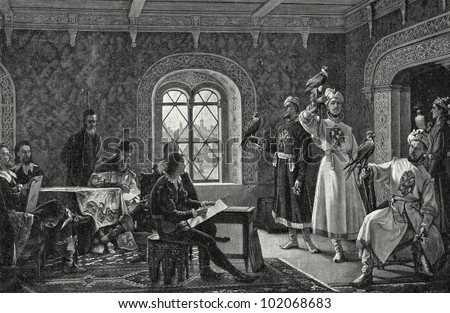 Hunters in the days of King Alexei Mihaylovich. Engraving by Shyubler from picture by Litovchenko. Published in magazine "Niva", publishing house A.F. Marx, St. Petersburg, Russia, 1899