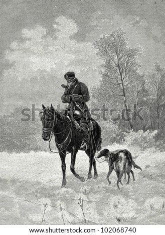 Hunting with Hound Dog. Engraving by Rashevsky from picture by  Galkin. Published in magazine "Niva", publishing house A.F. Marx, St. Petersburg, Russia, 1899