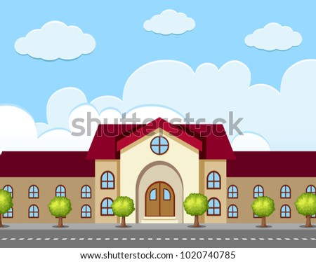 Big building and trees along the road illustration