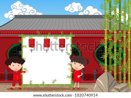 Border template with chinese kids at temple illustration