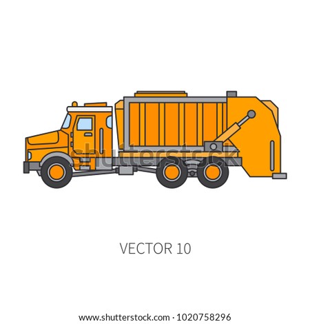 Color flat vector icon construction machinery garbage truck tipper. Industrial style. Corporate cargo delivery. Commercial transportation. Ecology. Dump recycling business. Diesel power. Illustration.