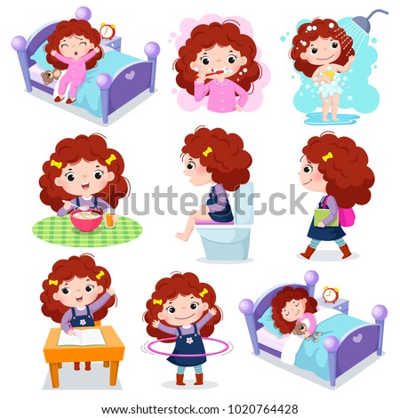 Illustration of daily routine activities for kids with cute girl