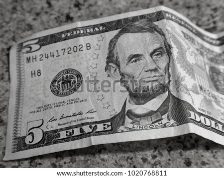 5 Dollar Bill - U.S. Currency featuring Abraham Lincoln - American President - Currency