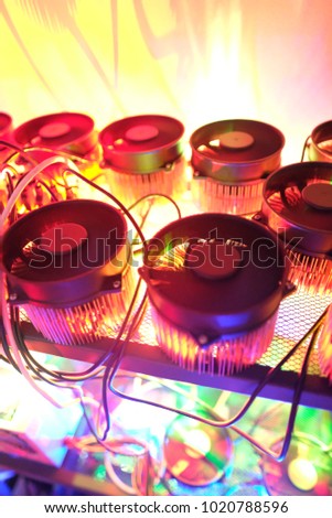Multiple 1st generation Asic miner, CPU, Fan power supply turn up become home mini mining machine action with long shutter exposure light Art  