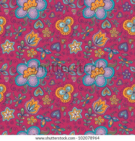 Fantasy  hand drawn flowers vector seamless pattern. Made in cheerful  pink, yellow,  blue and lilac tones
