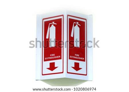 Emergency fire extinguisher wall sign  on white background on a wall