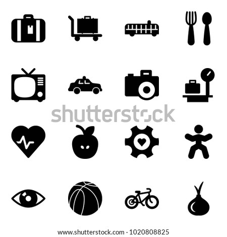 Solid vector icon set - suitcase vector, baggage, airport bus, spoon and fork, tv, safety car, camera, scales, heart pulse, apple, gear, gymnastics, eye, basketball ball, bike, onion