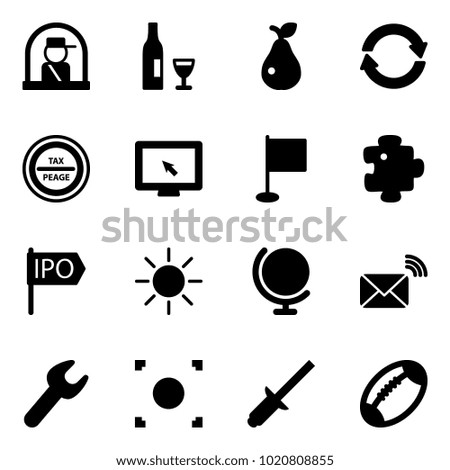 Solid vector icon set - officer window vector, wine, pear, exchange, tax peage road sign, monitor cursor, flag, puzzle, ipo, sun, globe, wireless mail, wrench, record button, clinch, football