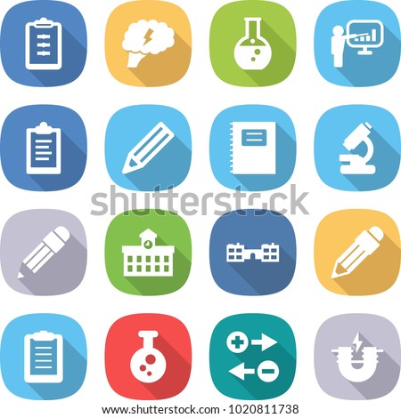 flat vector icon set - clipboard vector, brain, round flask, presentation, pencil, copybook, microscope, university, school, chemical, charge particle, electric magnet