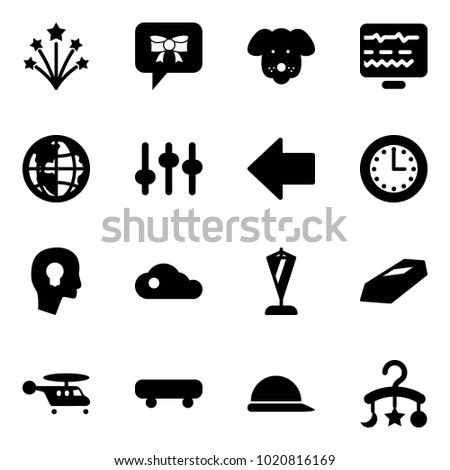 Solid vector icon set - firework vector, bow message, dog, diagnostic monitor, globe, settings, left arrow, time, head bulb, cloud, pennant, gold, helicopter, skateboard, construction helmet