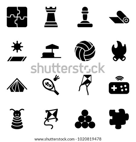 Solid vector icon set - puzzle vector, chess tower, pawn, mat, inflatable pool, volleyball, fire, tent, badminton, kite, joystick wireless, pyramid toy, billiards balls