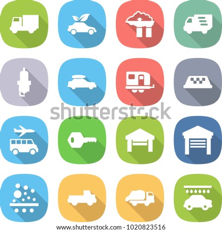 flat vector icon set - truck vector, eco car, factory filter, delivery, spark plug, baggage, trailer, taxi, transfer, key, garage, pickup, trash, wash