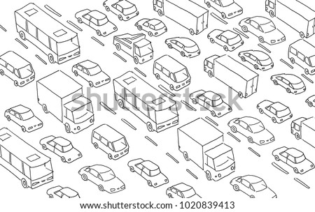 Sketch traffic jam car plug transport highway. Hand drawn black line Royalty-Free Stock Photo #1020839413
