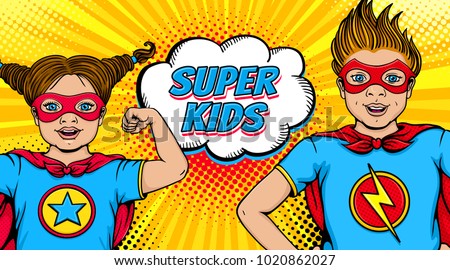 Wow couple. Surprised little girl and happy boy dressed like superheroes with open mouths show power and Super Kids speech bubble. Vector illustration in retro pop art comic style. Invitation poster. Royalty-Free Stock Photo #1020862027