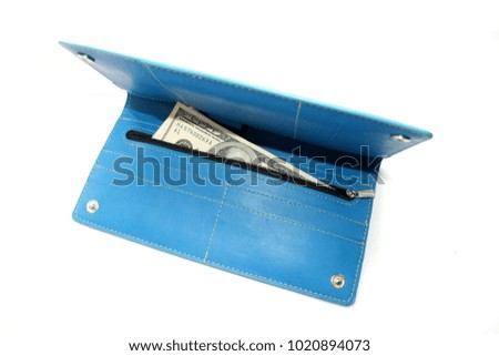 open blue wallet with dollars isolated on the white background