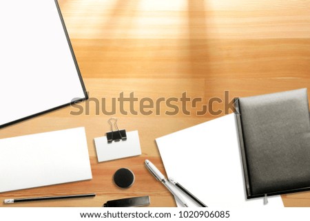 Business, education Hero Header 3d illustration on wooden background. Workspace objects for your presentation and copy space for your text or product.