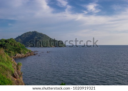 Rocky cliff above the beautiful clear Sea and Island,View from Noen Nangphaya View Point , Chanthaburi, Thailand
