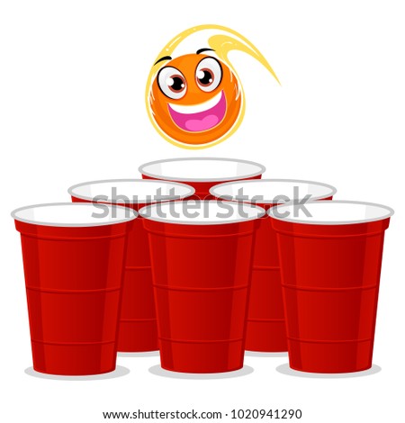 Vector Illustration of Ball Mascot being thrown at the Beer Pong Plastic cup.