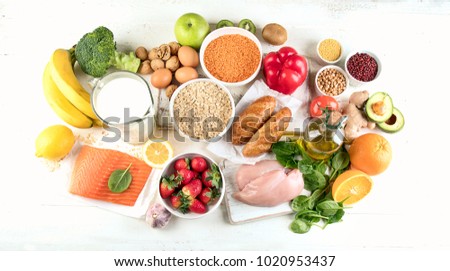 Balanced diet. Healthy food concept. Ingredients for cooking.Top view