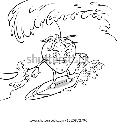 Strawberry surfboard on the wave coloring vector illustration. Isolated image on white background. Cartoon food character. Comic book style imitation.