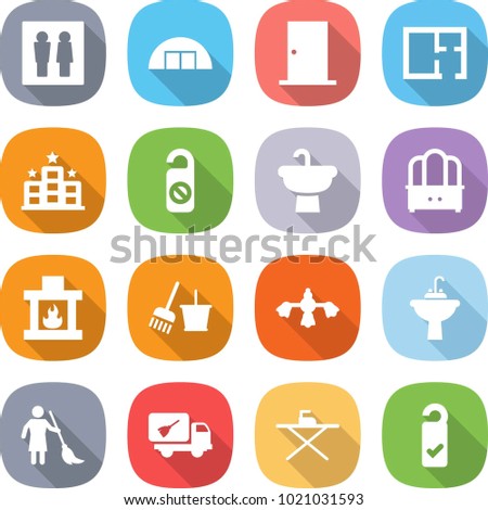 flat vector icon set - wc vector, hangare, door, plan, hotel, do not distrub, sink, dresser, fireplace, bucket and broom, hard reach place cleaning, water tap, brooming, home call, iron board