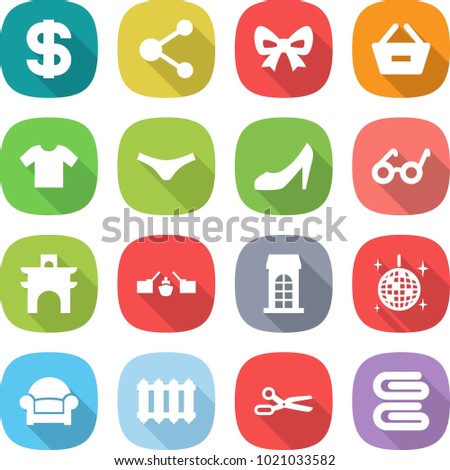 flat vector icon set - dollar vector, molecule, bow, remove from basket, t shirt, underpants, shoes, pacemaker, arch, drawbridge, building, disco ball, armchair, radiator, scissors, towel
