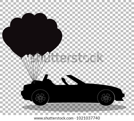 Black silhouette of modern opened cartoon cabriolet car with bunch of helium heart shaped balloons isolated on transparent background. Sports car. Vector illustration, icon, logo, label, clip art 