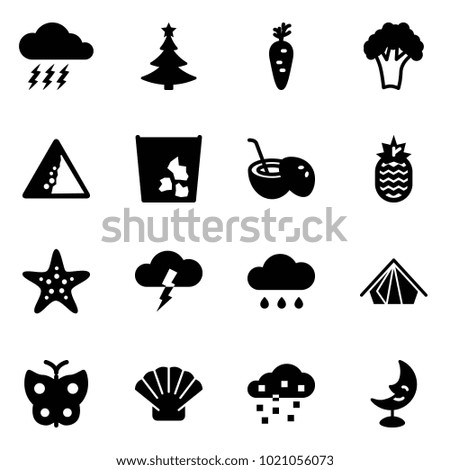 Solid vector icon set - storm vector, christmas tree, carrot, broccoli, landslide road sign, garbage, coconut cocktail, pineapple, starfish, rain cloud, tent, butterfly, shell, snow, moon lamp