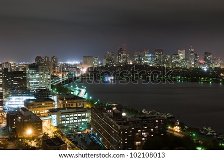 Aerial view of Boston's Back Bay skyline at night
