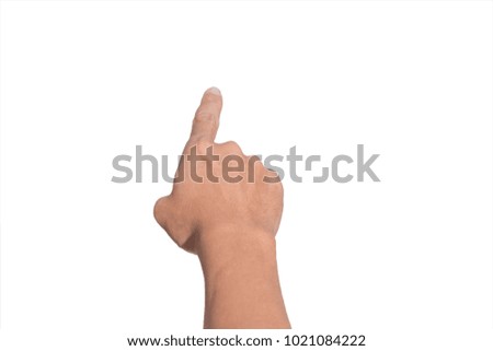 A man hand touching virtual screen. Isolated on white.