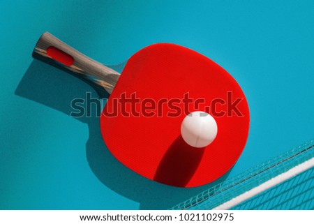 Net and a red racket on the table for ping pong