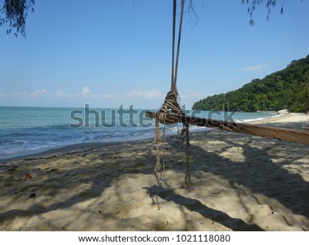 Swing by the beach, hanging from a tree. made from drift wood and ship ropes. Beautiful picture from a swing with a background of a beach, ocean and clear blue sky. Monkey beach Malaysia