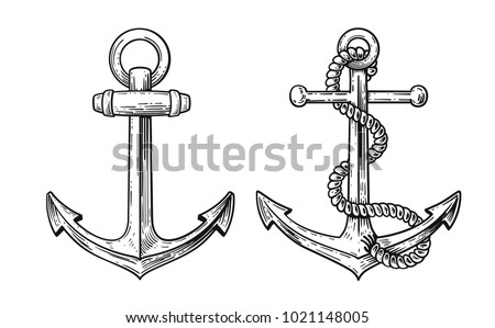 Vintage sea anchor with a rope. Hand drawn vector Royalty-Free Stock Photo #1021148005