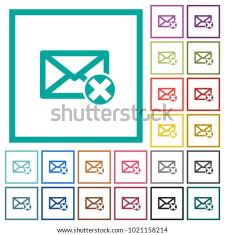 Delete mail flat color icons with quadrant frames on white background