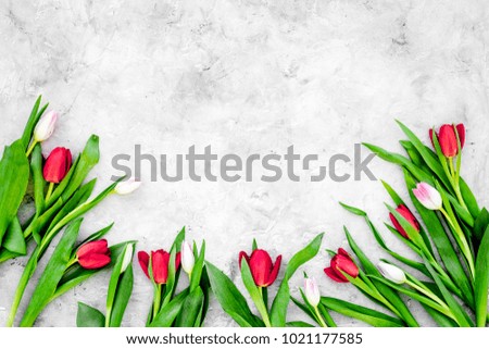 Bright red tulips for spring bouquet on grey background top view copy space