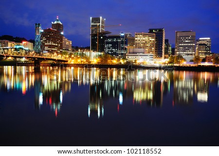 The Reflection of Portland Skyline in Night Time