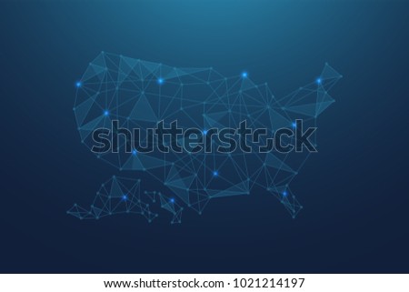 Abstract USA map with Blue Polygonal Space Background with Connecting Lines