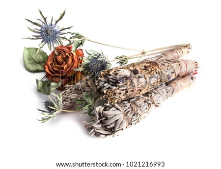 Various herbs and flowers for smoking isolated on white background