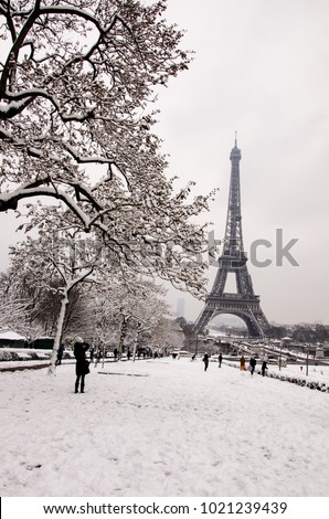 Heavy snowfall taking everyone by surprise in Paris. People trying to capture the uncommon scenery. Trocadero square with Eiffel Tower in the background, on the 7th of February 2018.