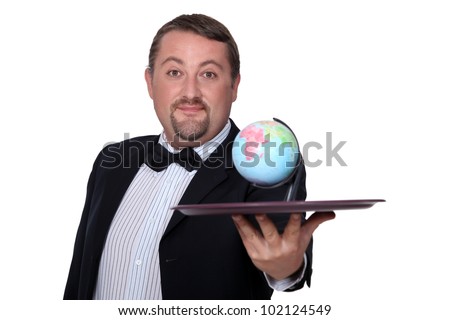 Waiter with globe on a tray