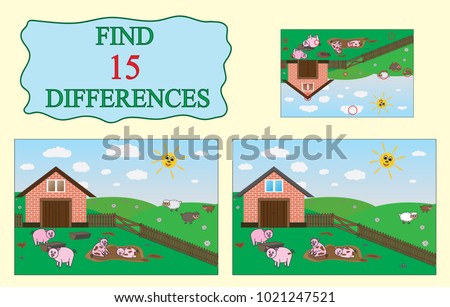 Find differences. Educational game for children. Farm, pigs, sheep. Vector illustration.