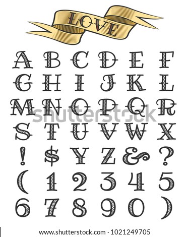 Set of tattoo style letters and numbers, alphabeth for your tattoo design. Royalty-Free Stock Photo #1021249705