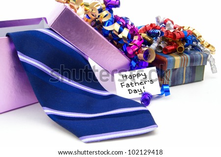 Happy Fathers Day tag with gift boxes and tie