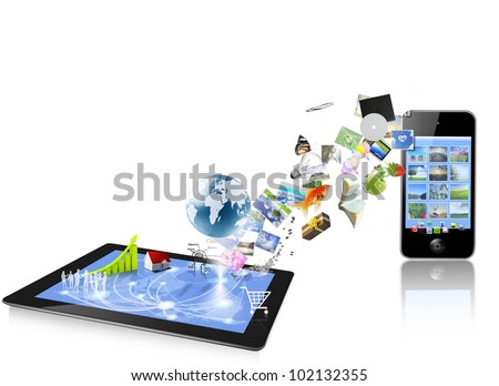 3d tablet computers and mobile phone isolated on white background Royalty-Free Stock Photo #102132355