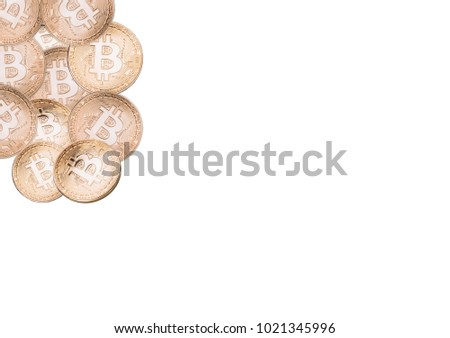 Pile of golden bitcoin currency tokens isolated over the white background