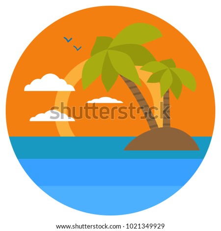 Cartoon Tropical island, palms, dolphin. Summer Banners with marine symbols. Vector illustration. Tropical sunset. I love summer concept