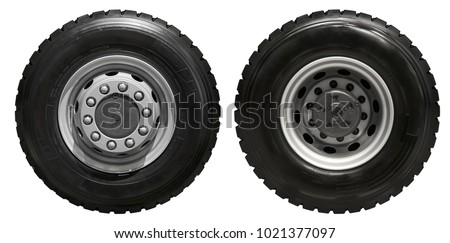 Isolated on white new front rear truck wheels on hub with black shine tires. New clean commercial transport truck mud all terrain wheels for front rear axles. High resolution commercial truck wheels Royalty-Free Stock Photo #1021377097