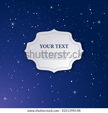 Paper cutout frame on dark blue starry background. 3d decorative label with shadow. Laser cutting element. Outer space motif design template. Elegant pattern of stars. Vector illustration