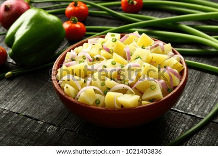 Bowl of healthy vegetarian food -Potato salad with parsley, dill and olive oil. 